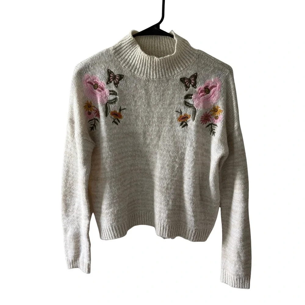 Cloudchaser Women Cream Beige Embroidered Floral Butterfly Mock Neck Sweater S